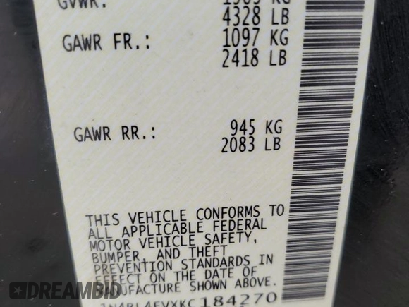 2019 Nissan Altima 2.5 SL with VIN 1N4BL4EVXKC184270, listed as a Copart auction lot 46521425 with 72,707 mi miles and Salvage Title. Bid and sale history available at carsss.com. Image 15.