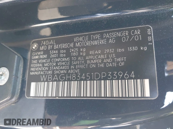 2001 BMW 7 Series 740iL with VIN WBAGH83451DP33964, listed as a IAAI auction lot 42223541 with 192,111 mi miles and . Bid and sale history available at DreamBid. Image 9.