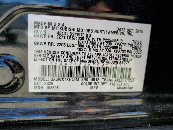 2015 Mitsubishi Outlander Sport 2.4 GT with VIN 4A4AP4AW0FE058379, listed as a Copart auction lot 69868294 with 170,941 mi miles and Salvage Title. Bid and sale history available at carsss.com. Image 15.