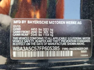 2015 BMW 3 Series 328i with VIN WBA3A5C57FP605385, listed as a Copart auction lot 54703705 with 129,294 mi miles and Salvage title. Bid and sale history available at DreamBid. Image 12.