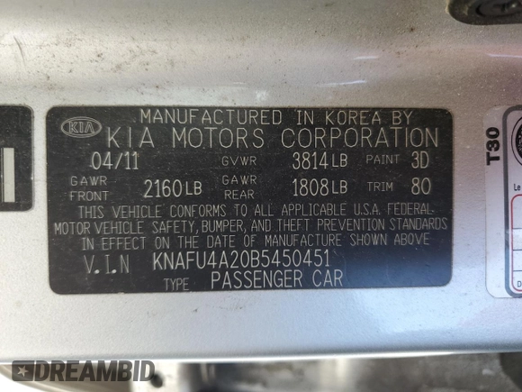 2011 Kia Forte EX with VIN KNAFU4A20B5450451, listed as a Copart auction lot 67372384 with 119,088 mi miles and Clean Title. Bid and sale history available at carsss.com. Image 12.
