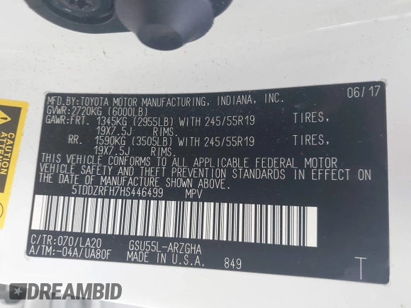2017 Toyota Highlander Limited with VIN 5TDDZRFH7HS446499, listed as a IAAI auction lot 41681302 with 89,055 mi miles and . Bid and sale history available at DreamBid. Image 9.