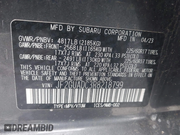 2024 Subaru Crosstrek Premium with VIN JF2GUADC3R8218799, listed as a IAAI auction lot 42311122 with 22,108 mi miles and . Bid and sale history available at DreamBid. Image 9.
