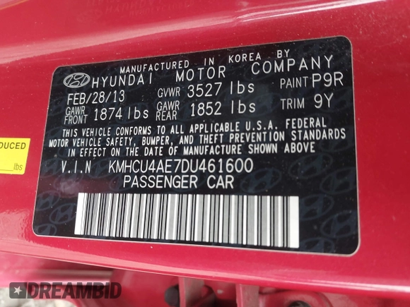 2013 Hyundai Accent GLS with VIN KMHCU4AE7DU461600, listed as a IAAI auction lot 42019159 with 53,452 mi miles. Bid and sale history available at carsss.com. Image 9.