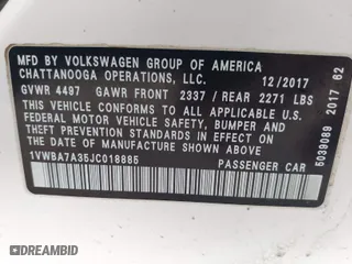 2018 Volkswagen Passat 2.0T SE with VIN 1VWBA7A35JC018885, listed as a IAAI auction lot 41955324 with 107,046 mi miles. Bid and sale history available at carsss.com. Image 9.