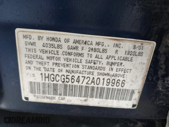 2002 Honda Accord LX with VIN 1HGCG56472A019966, listed as a IAAI auction lot 40884999 with Not provided miles and . Bid and sale history available at DreamBid. Image 9.