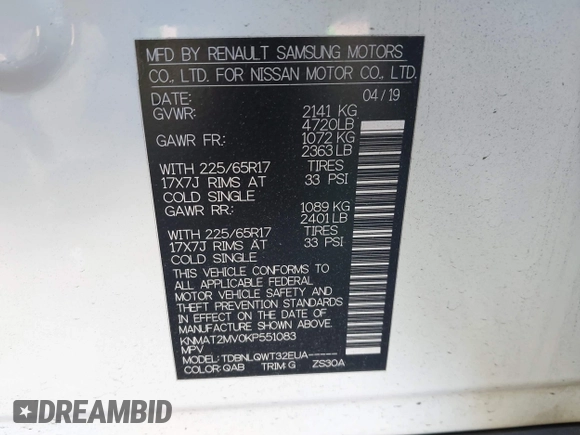 2019 Nissan Rogue SV with VIN KNMAT2MV0KP551083, listed as a IAAI auction lot 41364279 with 38,405 mi miles. Bid and sale history available at carsss.com. Image 9.