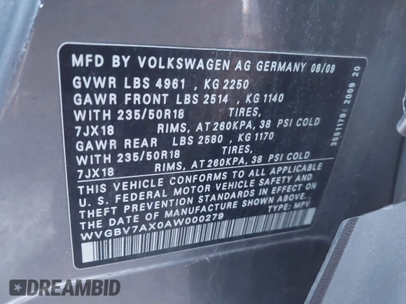 2010 Volkswagen Tiguan SEL with VIN WVGBV7AX0AW000279, listed as a IAAI auction lot 41389452 with 87,258 mi miles and . Bid and sale history available at DreamBid. Image 9.