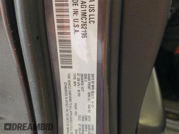 2021 Dodge Durango SXT Plus with VIN 1C4RDHAG1MC762196, listed as a Copart auction lot 51106245 with 60,539 mi miles and Clean Title. Bid and sale history available at DreamBid. Image 15.