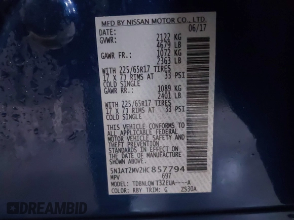 2017 Nissan Rogue SL with VIN 5N1AT2MV2HC857794, listed as a IAAI auction lot 41416670 with 116,554 mi miles. Bid and sale history available at carsss.com. Image 9.