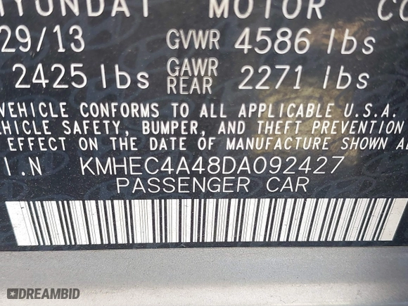 2013 Hyundai Sonata Hybrid Limited with VIN KMHEC4A48DA092427, listed as a IAAI auction lot 41672521 with 127,473 mi miles. Bid and sale history available at carsss.com. Image 9.