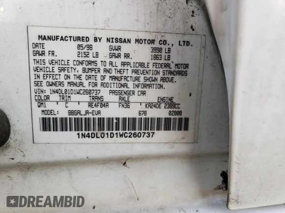 1998 Nissan Altima XE with VIN 1N4DL01D1WC260737, listed as a Copart auction lot 44421064 with 117,023 mi miles and Salvage Title. Bid and sale history available at carsss.com. Image 12.