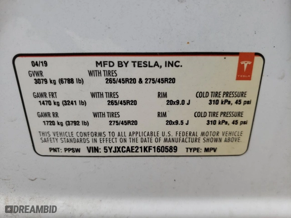 2019 Tesla Model X 75D with VIN 5YJXCAE21KF160589, listed as a Copart auction lot 54390202 with 30,860 mi miles. Bid and sale history available at carsss.com. Image 10.