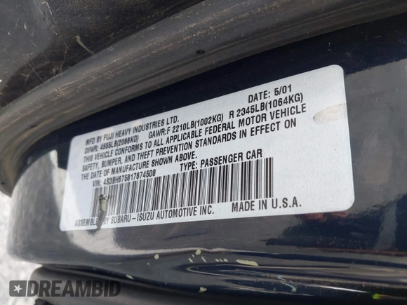 2001 Subaru Legacy Outback z VIN 4S3BH675817674508, wystawiony jako IAAI lot #41402801 z przebiegiem 138 995 mil mil oraz . Historia ofert i sprzedaży dostępna na DreamBid. Obrazek 9.