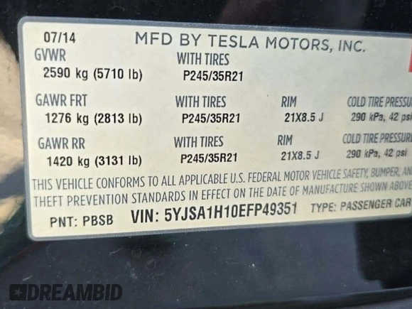 2014 Tesla Model S 60 with VIN 5YJSA1H10EFP49351, listed as a Copart auction lot 54173275 with 96,300 mi miles and Clean Title. Bid and sale history available at DreamBid. Image 10.