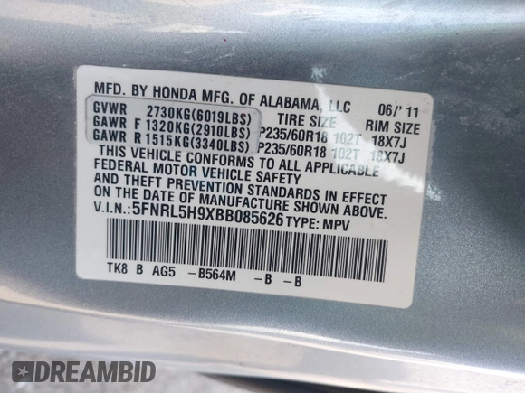 2011 Honda Odyssey Touring with VIN 5FNRL5H9XBB085626, listed as a IAAI auction lot 41890577 with 178,317 mi miles and . Bid and sale history available at DreamBid. Image 9.