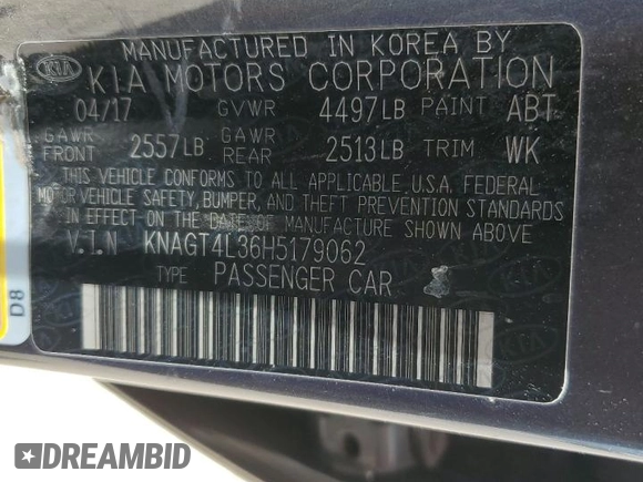 2017 Kia Optima LX with VIN KNAGT4L36H5179062, listed as a Copart auction lot 62503565 with 151,231 mi miles and Salvage title. Bid and sale history available at DreamBid. Image 12.