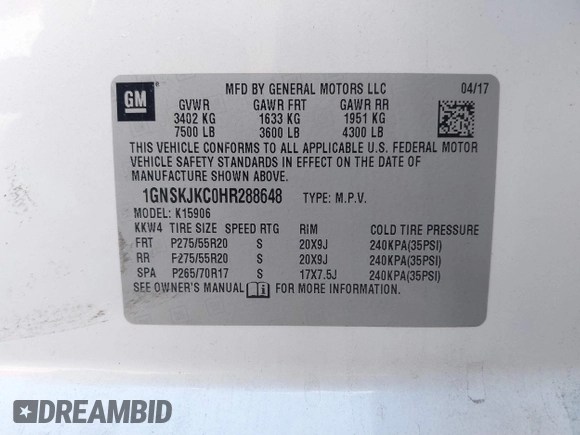 2017 Chevrolet Suburban Premier with VIN 1GNSKJKC0HR288648, listed as a IAAI auction lot 41579677 with Not Provided miles and . Bid and sale history available at DreamBid. Image 9.