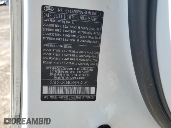 2011 Land Rover Range Rover Sport HSE Lux z VIN SALSK2D40BA704989, wystawiony jako Copart lot #52534905 z przebiegiem Nie podano mil oraz Szkoda całkowita • Salvage title. Historia ofert i sprzedaży dostępna na DreamBid. Obrazek 14.