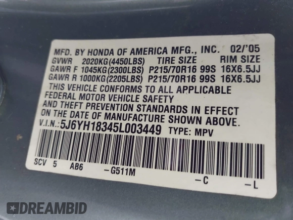 2005 Honda Element LX with VIN 5J6YH18345L003449, listed as a IAAI auction lot 41954889 with Not Provided miles and . Bid and sale history available at DreamBid. Image 9.