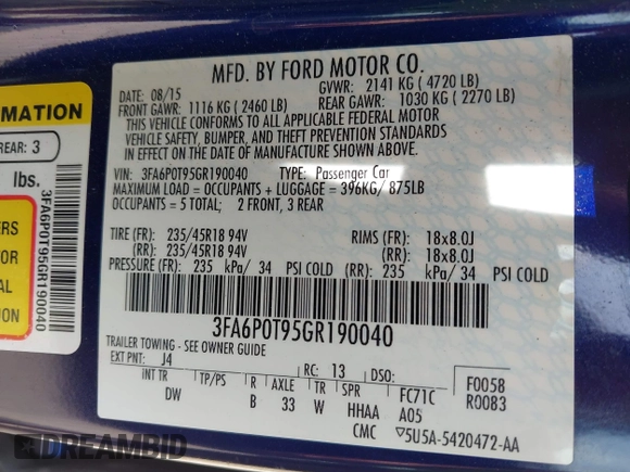 2016 Ford Fusion SE with VIN 3FA6P0T95GR190040, listed as a IAAI auction lot 42545670 with 151,845 mi miles and . Bid and sale history available at DreamBid. Image 9.