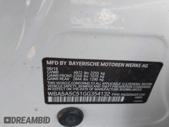 2016 BMW 5 Series 528i with VIN WBA5A5C51GG354132, listed as a IAAI auction lot 41848159 with 100,382 mi miles and . Bid and sale history available at DreamBid. Image 9.