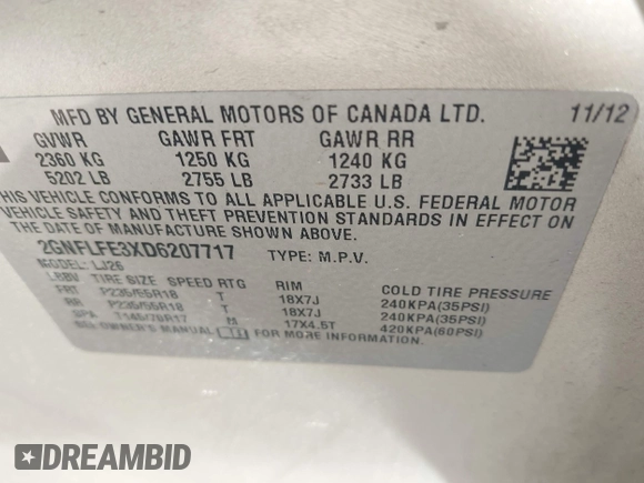 2013 Chevrolet Equinox LTZ with VIN 2GNFLFE3XD6207717, listed as a IAAI auction lot 42083178 with 219,888 mi miles. Bid and sale history available at carsss.com. Image 9.