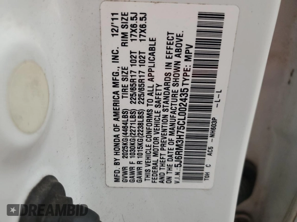 2012 Honda CR-V EX-L with VIN 5J6RM3H75CL002435, listed as a Copart auction lot 49788805 with 239,045 mi miles and Salvage Title. Bid and sale history available at carsss.com. Image 13.