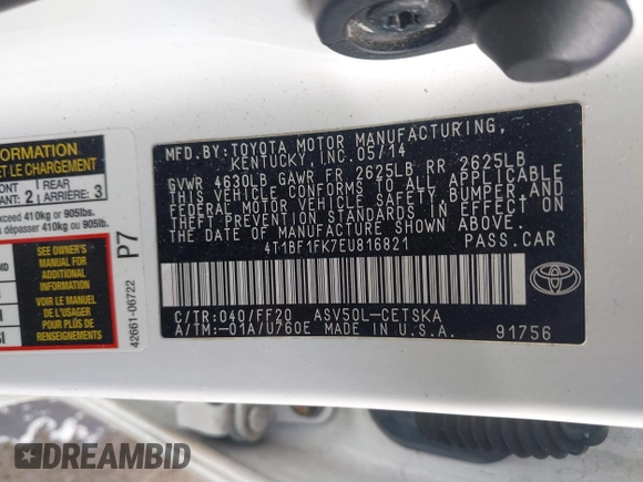 2014 Toyota Camry L with VIN 4T1BF1FK7EU816821, listed as a IAAI auction lot 41825230 with 121,382 mi miles. Bid and sale history available at carsss.com. Image 9.