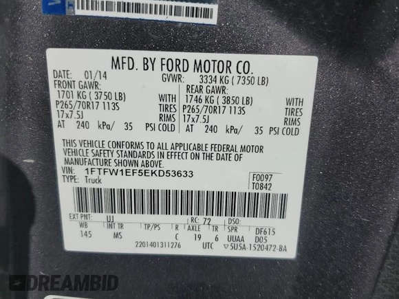 2014 Ford F-150 XL с VIN 1FTFW1EF5EKD53633, выставлен на аукционе Copart как лот 62873425 с пробегом 133 661 миль миль и Списание • Salvage title. История ставок и продаж доступна на DreamBid. Изображение 13.