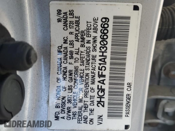 2010 Honda Civic LX with VIN 2HGFA1F51AH306669, listed as a Copart auction lot 50450825 with 143,659 mi miles and Salvage Title. Bid and sale history available at DreamBid. Image 12.