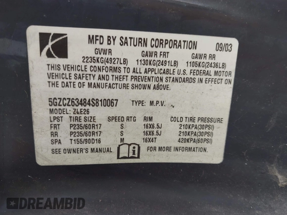 2004 Saturn VUE V6 with VIN 5GZCZ63484S810067, listed as a IAAI auction lot 42163741 with 195,667 mi miles and . Bid and sale history available at DreamBid. Image 9.