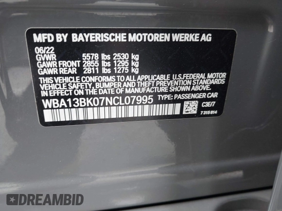 2022 BMW 5 Series M550i xDrive with VIN WBA13BK07NCL07995, listed as a IAAI auction lot 42454963 with 12,721 mi miles and . Bid and sale history available at DreamBid. Image 9.