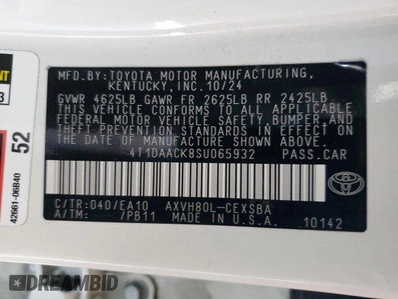 2025 Toyota Camry LE with VIN 4T1DAACK8SU065932, listed as a Copart auction lot 44106555 with 5,392 mi miles and Salvage Title. Bid and sale history available at carsss.com. Image 14.