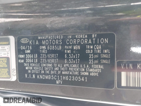 2017 Kia Sedona LX with VIN KNDMB5C11H6230541, listed as a IAAI auction lot 42034761 with 171,495 mi miles. Bid and sale history available at carsss.com. Image 9.