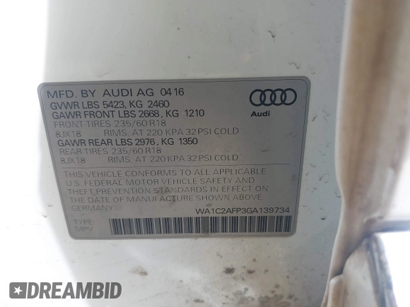 2016 Audi Q5 Premium z VIN WA1C2AFP3GA139734, wystawiony jako IAAI lot #42205683 z przebiegiem 120 162 mil mil oraz . Historia ofert i sprzedaży dostępna na DreamBid. Obrazek 9.
