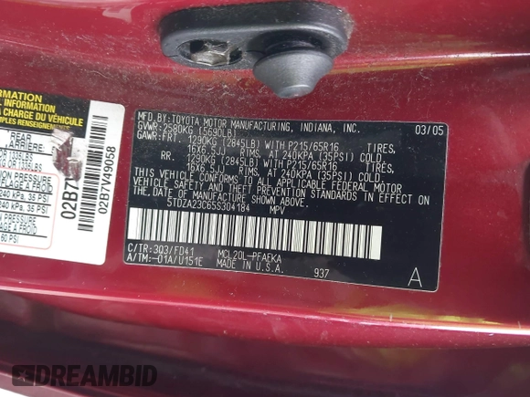2005 Toyota Sienna CE with VIN 5TDZA23C65S304184, listed as a IAAI auction lot 41944586 with 274,960 mi miles. Bid and sale history available at carsss.com. Image 9.
