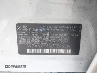 2007 BMW 3 Series 328i with VIN WBAVC53517FZ76519, listed as a IAAI auction lot 42595027 with Not provided miles and . Bid and sale history available at DreamBid. Image 9.