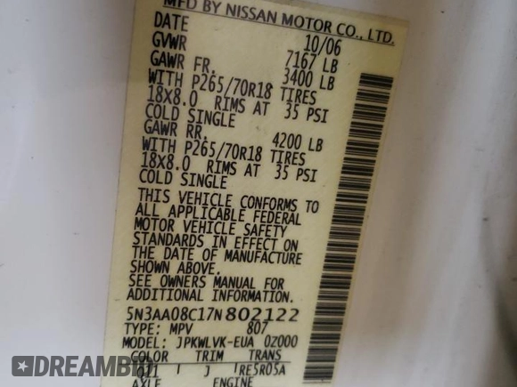 2007 Infiniti QX56 z VIN 5N3AA08C17N802122, wystawiony jako Copart lot #47050745 z przebiegiem 217 010 mil mil oraz Szkoda całkowita • Salvage title. Historia ofert i sprzedaży dostępna na DreamBid. Obrazek 13.
