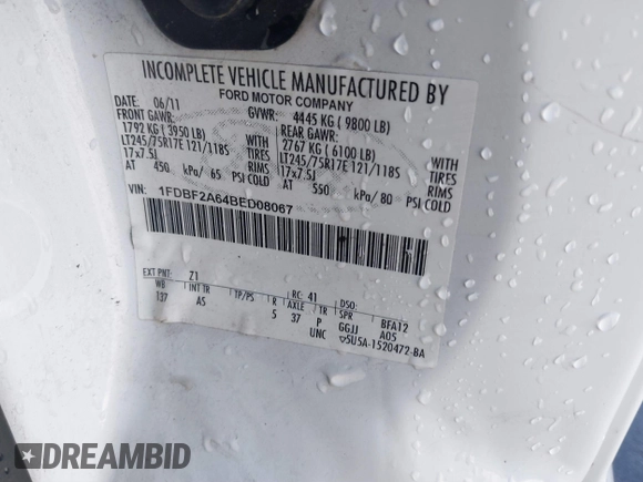 2011 Ford F-250 XL with VIN 1FDBF2A64BED08067, listed as a IAAI auction lot 41654526 with 166,167 mi miles and . Bid and sale history available at DreamBid. Image 9.
