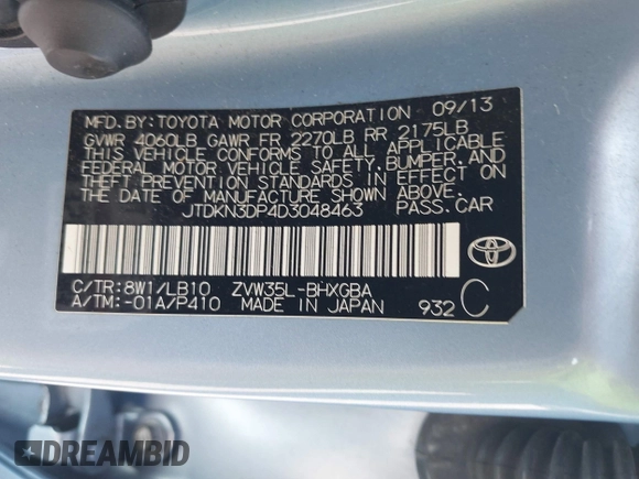 2013 Toyota Prius with VIN JTDKN3DP4D3048463, listed as a IAAI auction lot 42520370 with 151,324 mi miles and . Bid and sale history available at DreamBid. Image 9.