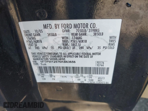 2006 Ford F-150 XLT с VIN 1FTPW12576KB63656, выставлен на аукционе IAAI как лот 42244873 с пробегом 181 520 миль миль и . История ставок и продаж доступна на DreamBid. Изображение 9.