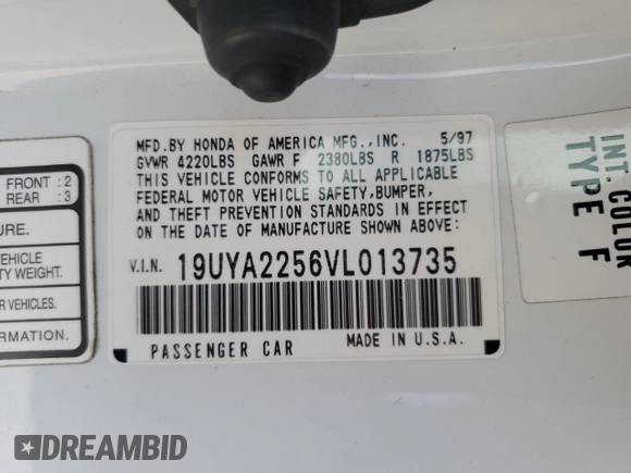 1997 Acura CL Premium z VIN 19UYA2256VL013735, wystawiony jako Copart lot #55453395 z przebiegiem 181 929 mil mil oraz Szkoda całkowita • Salvage title. Historia ofert i sprzedaży dostępna na DreamBid. Obrazek 12.