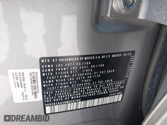 2024 Volkswagen Tiguan S с VIN 3VVFB7AX3RM045163, выставлен на аукционе IAAI как лот 41280613 с пробегом 7 705 миль миль и . История ставок и продаж доступна на DreamBid. Изображение 9.