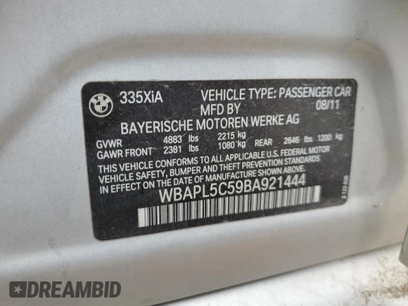 2011 BMW 3 Series 335i xDrive with VIN WBAPL5C59BA921444, listed as a Copart auction lot 44213385 with Not provided miles and Clean title. Bid and sale history available at DreamBid. Image 13.