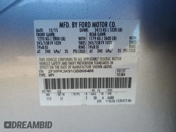 2016 Ford Edge Titanium with VIN 2FMPK3K91GBB06466, listed as a Copart auction lot 82827144 with 108,092 mi miles and Salvage Title. Bid and sale history available at carsss.com. Image 13.