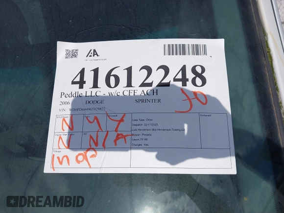 2006 Dodge Sprinter with VIN WD0PD644965929822, listed as a IAAI auction lot 41612248 with Not Provided miles and . Bid and sale history available at DreamBid. Image 12.