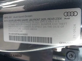 2019 Audi RS 3 with VIN WUABWGFF4KA906650, listed as a IAAI auction lot 42163296 with 36,235 mi miles and . Bid and sale history available at DreamBid. Image 9.