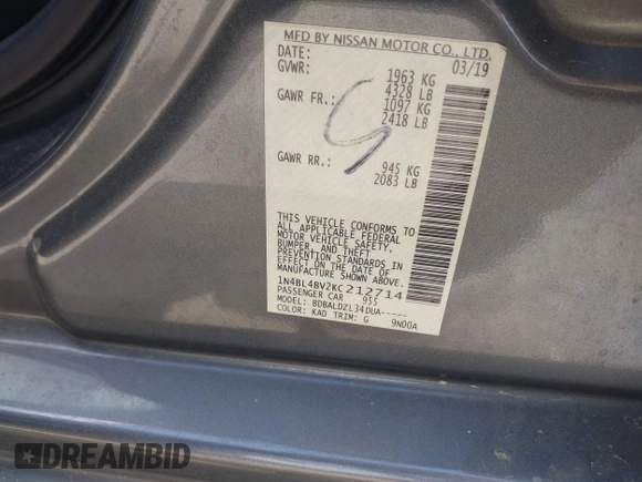 2019 Nissan Altima S z VIN 1N4BL4BV2KC212714, wystawiony jako IAAI lot #41940773 z przebiegiem 128 772 mil mil oraz . Historia ofert i sprzedaży dostępna na DreamBid. Obrazek 9.