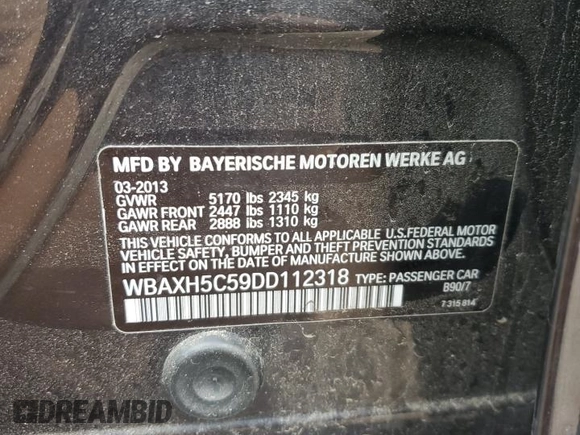 2013 BMW 5 Series 528i xDrive z VIN WBAXH5C59DD112318, wystawiony jako Copart lot #57650125 z przebiegiem 106 189 mil mil oraz Szkoda całkowita • Salvage title. Historia ofert i sprzedaży dostępna na DreamBid. Obrazek 12.